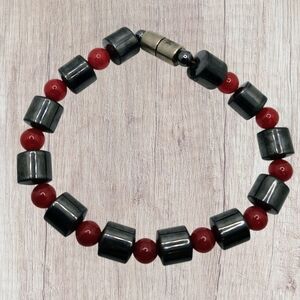 Vintage Magnetic Red and Gray Beaded Bracelet